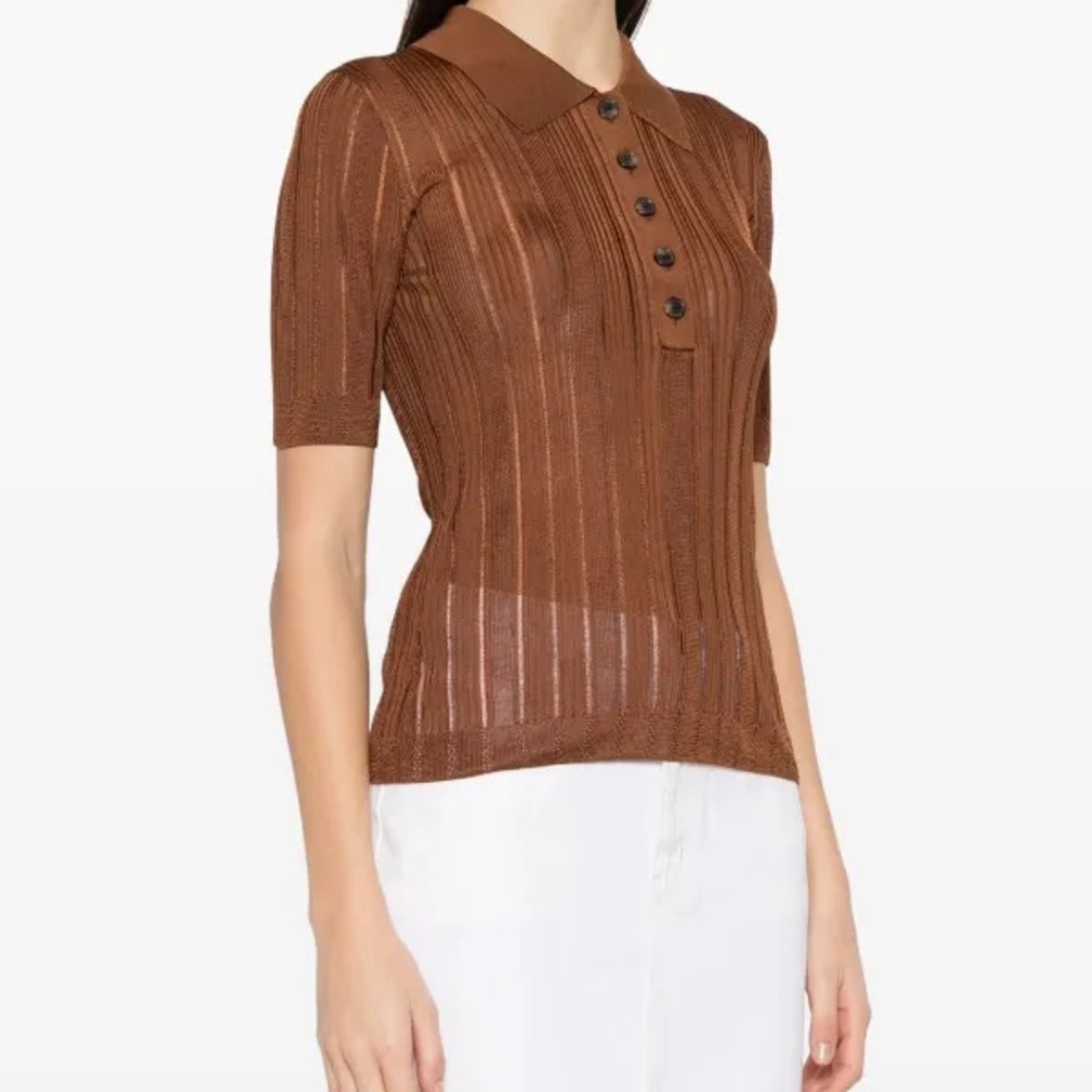 Frame Denim Brown Sheer Knit laddered ribbed polo shirt